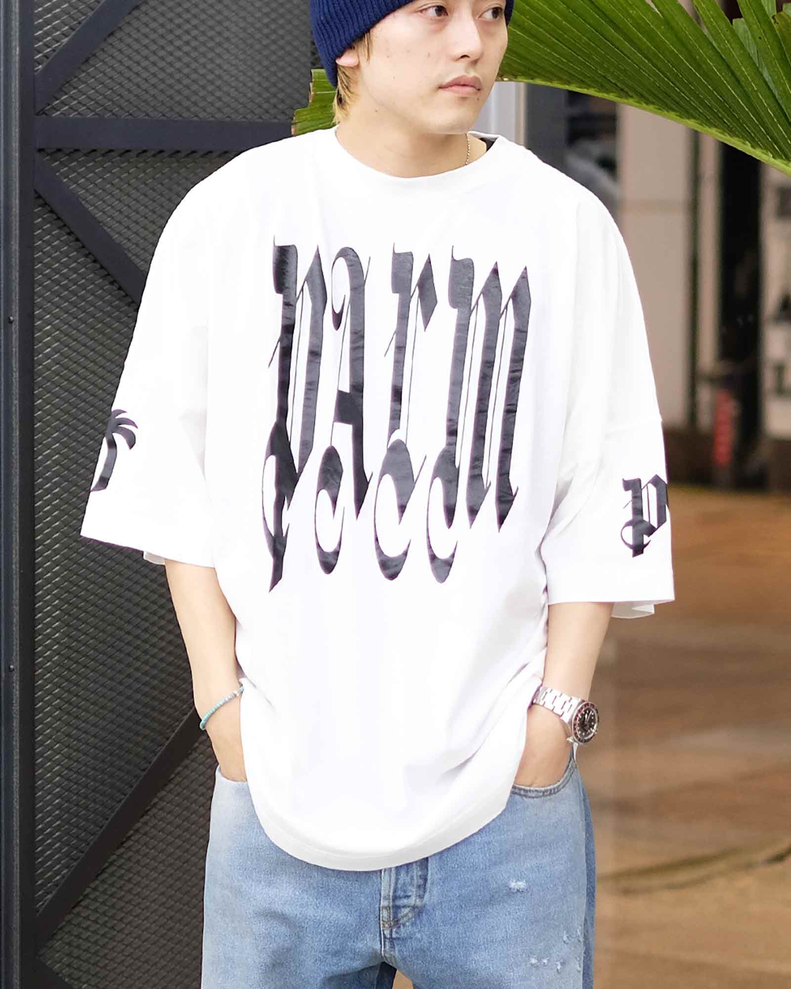 Palm Angels/BACK GOTHIC PALM OVER TEE/T-shirt/0310 OFF WHITE BLACK –  Application