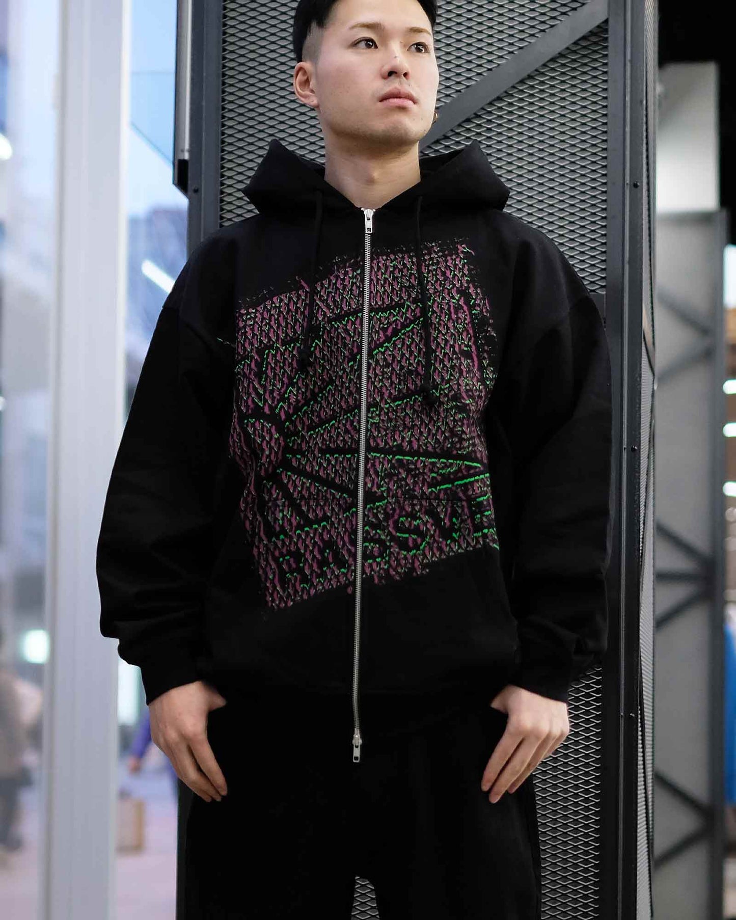 ラスベート/MEN MESH CAMO PRINT ZIP HOODIE KNIT/ジップアップパーカー/Black