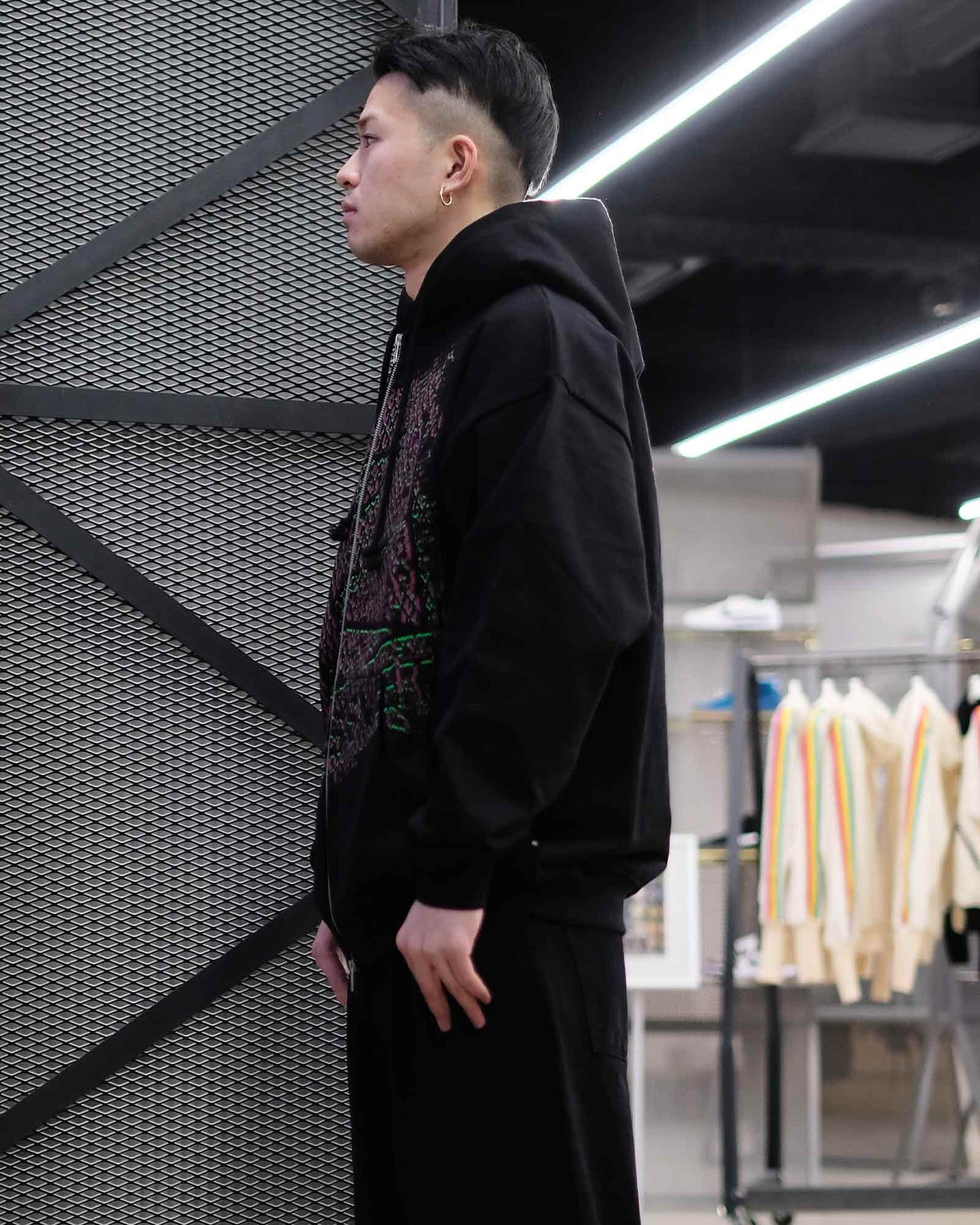 ラスベート/MEN MESH CAMO PRINT ZIP HOODIE KNIT/ジップアップパーカー/Black