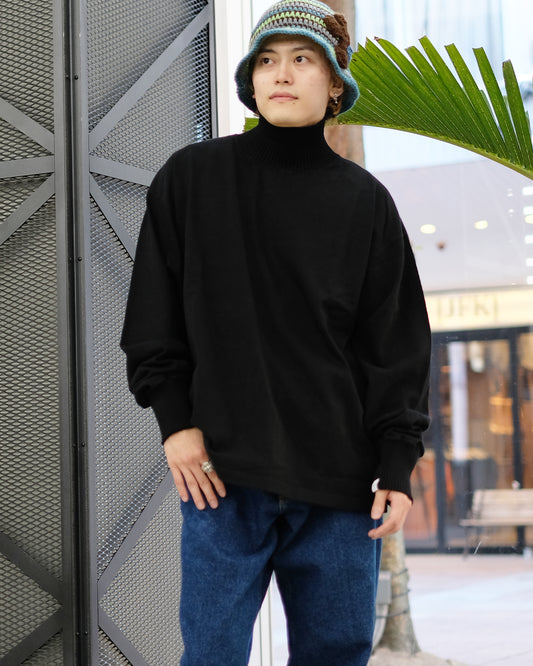 Perfect Ribs/High Neck Side Slit Long Sleeve T-Shirts/Long T/Black