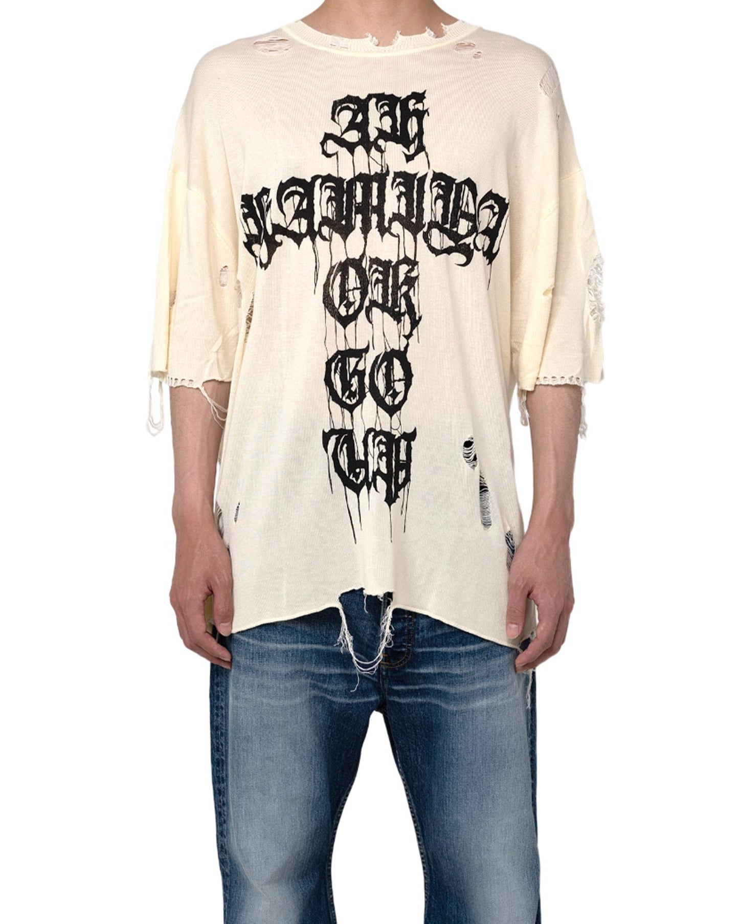 カミヤ/Printed Knit Tee/G12TS051/ニットTシャツ/White